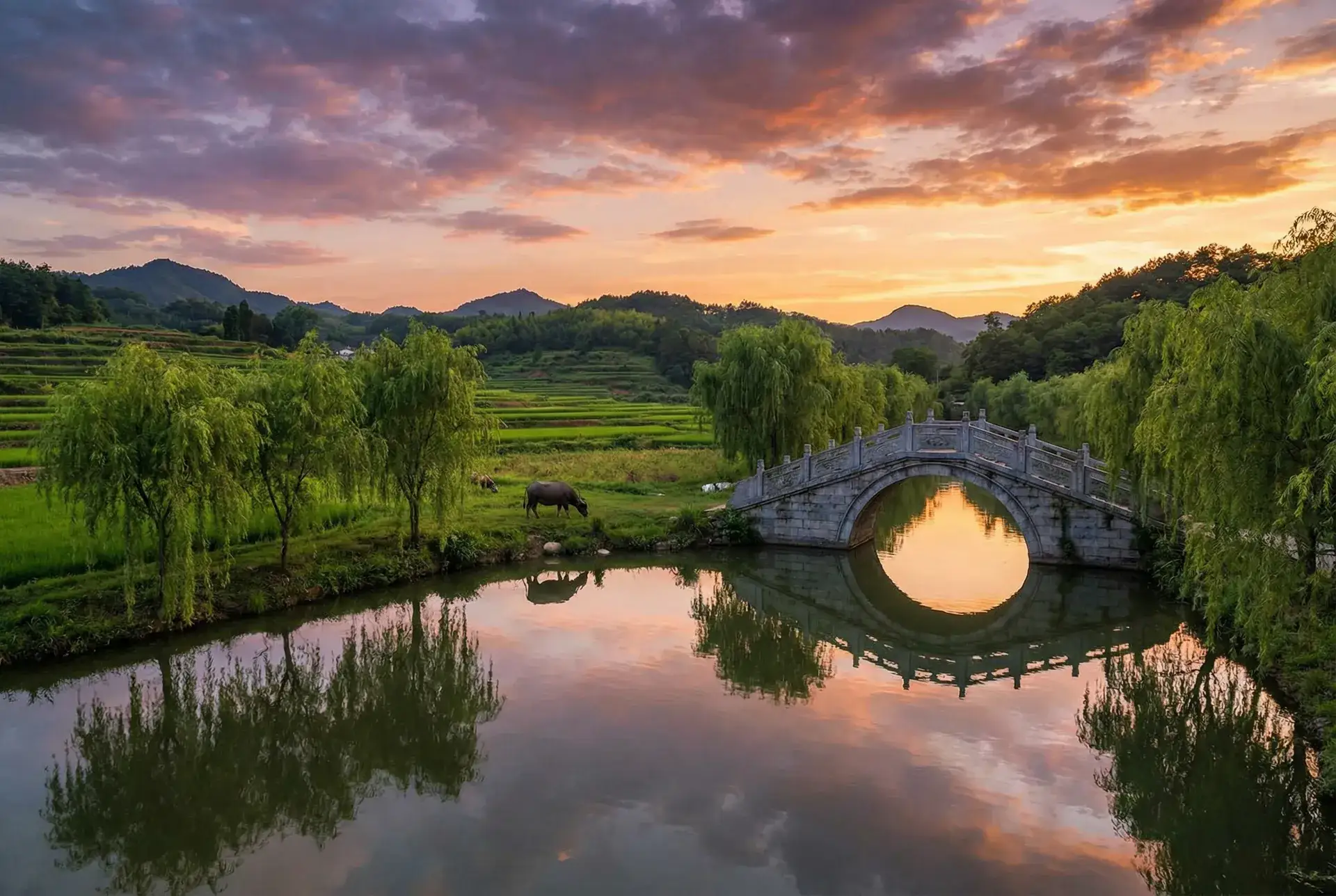 夕阳下的石拱桥与垂柳，水牛在河边吃草 - proumb.com 乡村美景